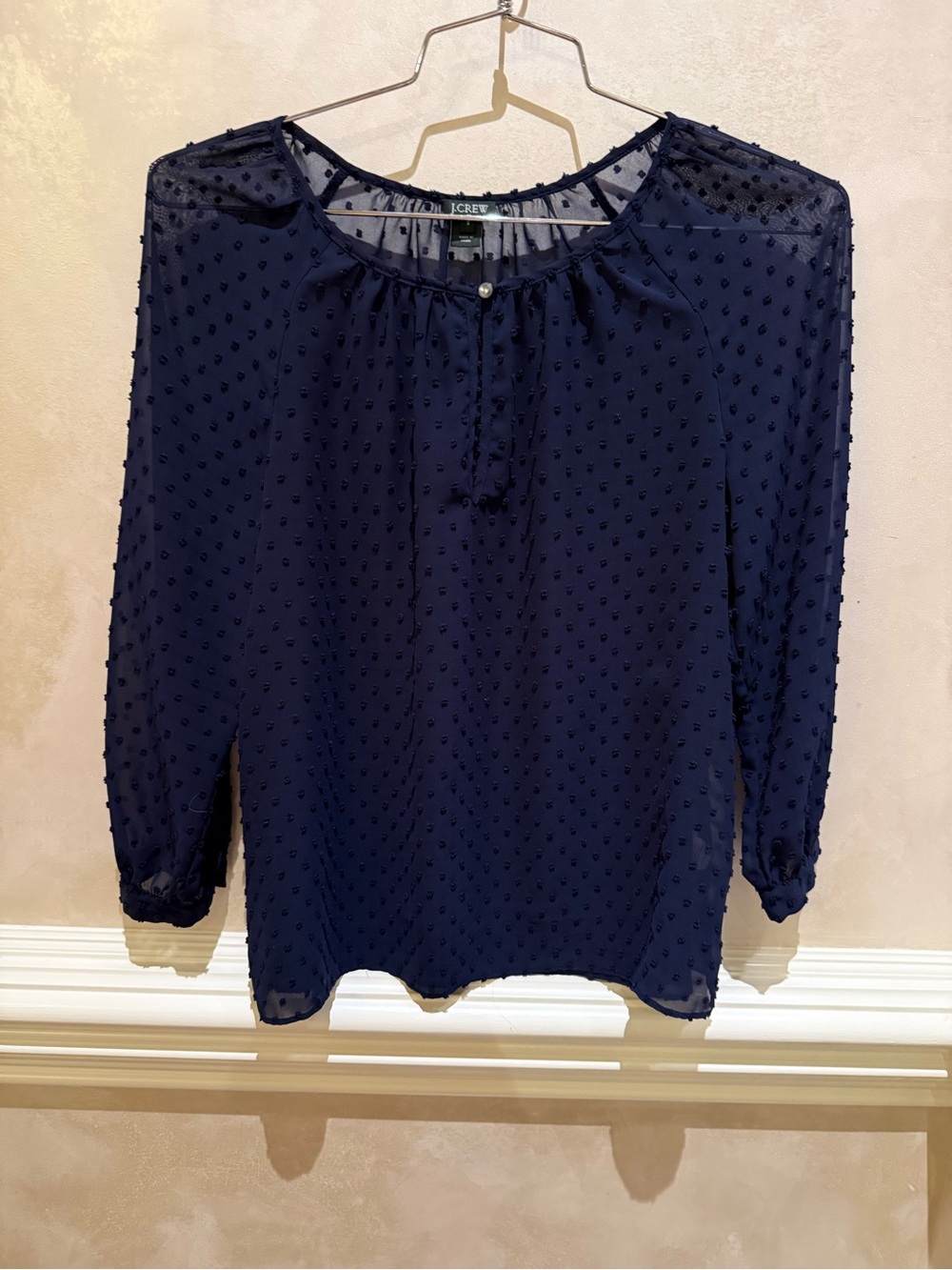 J. Crew Navy Swiss Dot Sheer Peasant Blouse